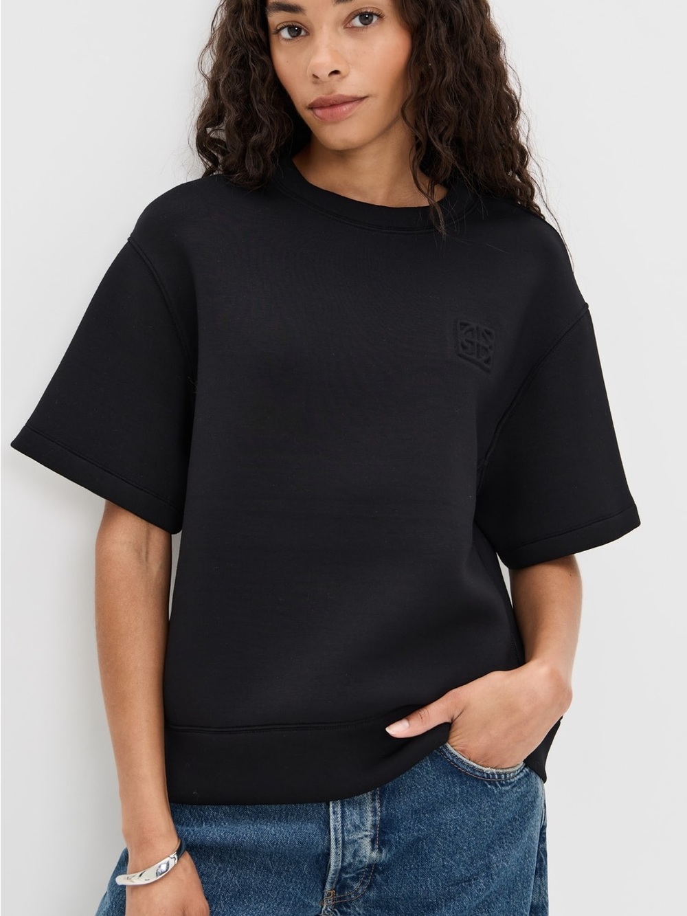 Anine Bing Black Jadon Framed Monogram Short-Sleeve Boxy Sweatshirt Sz S